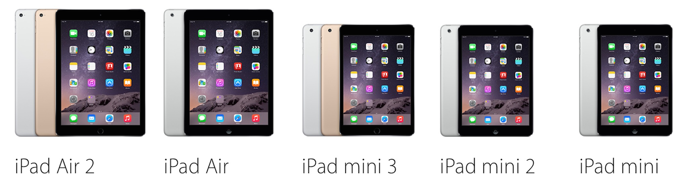 iPad Air 2, iPad Air, iPad mini 3, iPad mini 2 ve iPad mini karşılaştırması